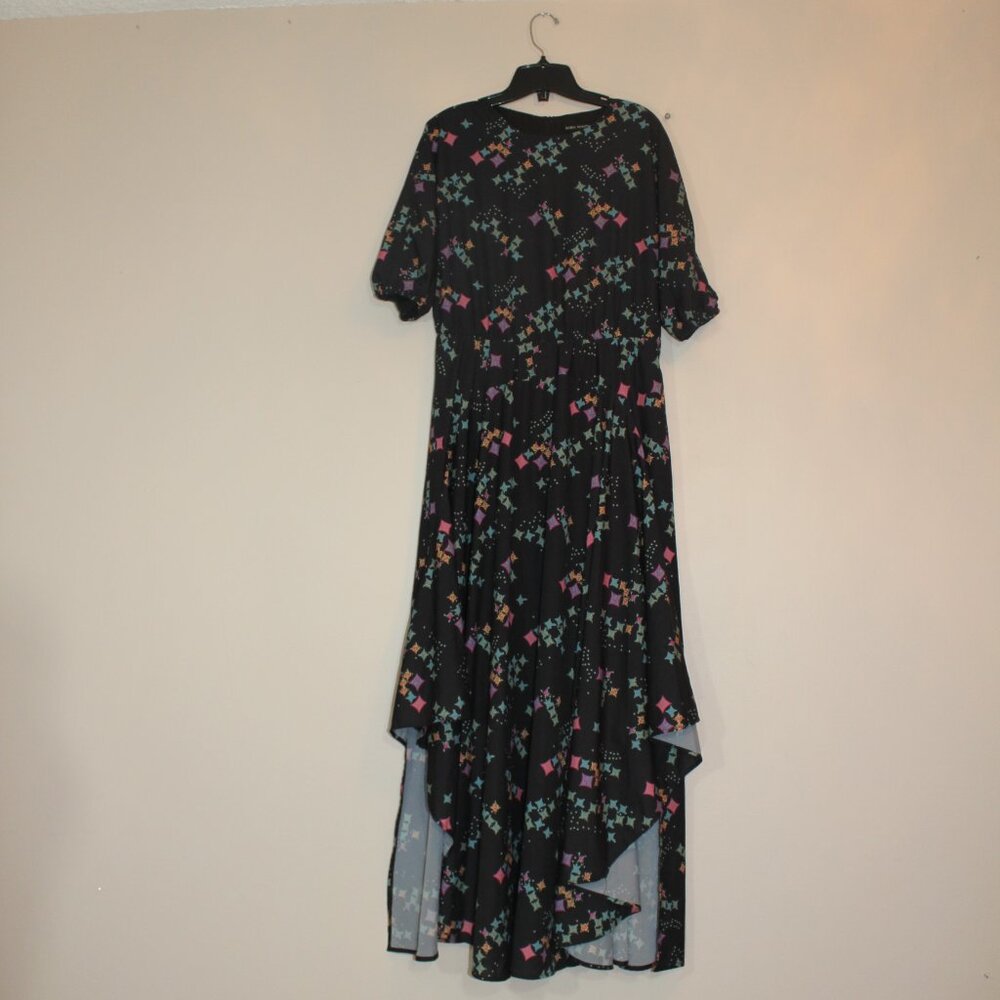 Sara Navon maxi dress black with geometric pattern 3/4 sleeves back zip sz Large